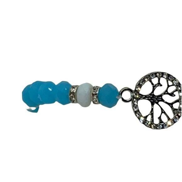 Blue White Beaded Silver-Tone Tree of Life Pendant Rhinestone Stretch Bracelet - Picture 3 of 12